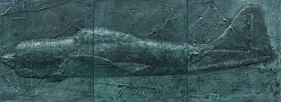 Robert Spellman’s painting of an airplane in deep teal and gray, from the inside fold of the album