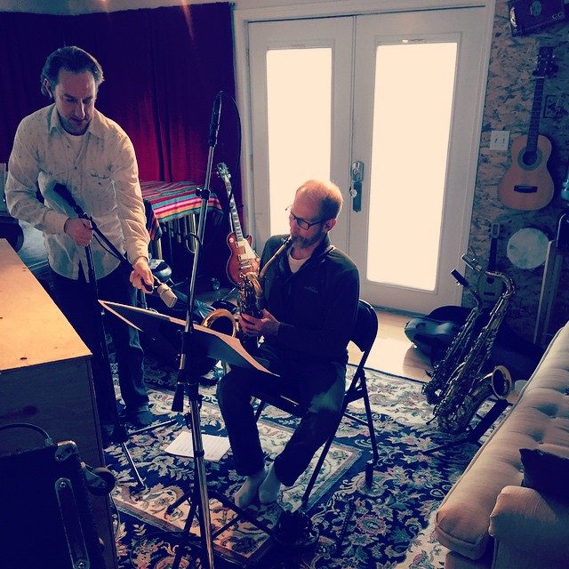 A recording session in a home studio with saxophone and guitar, 2014